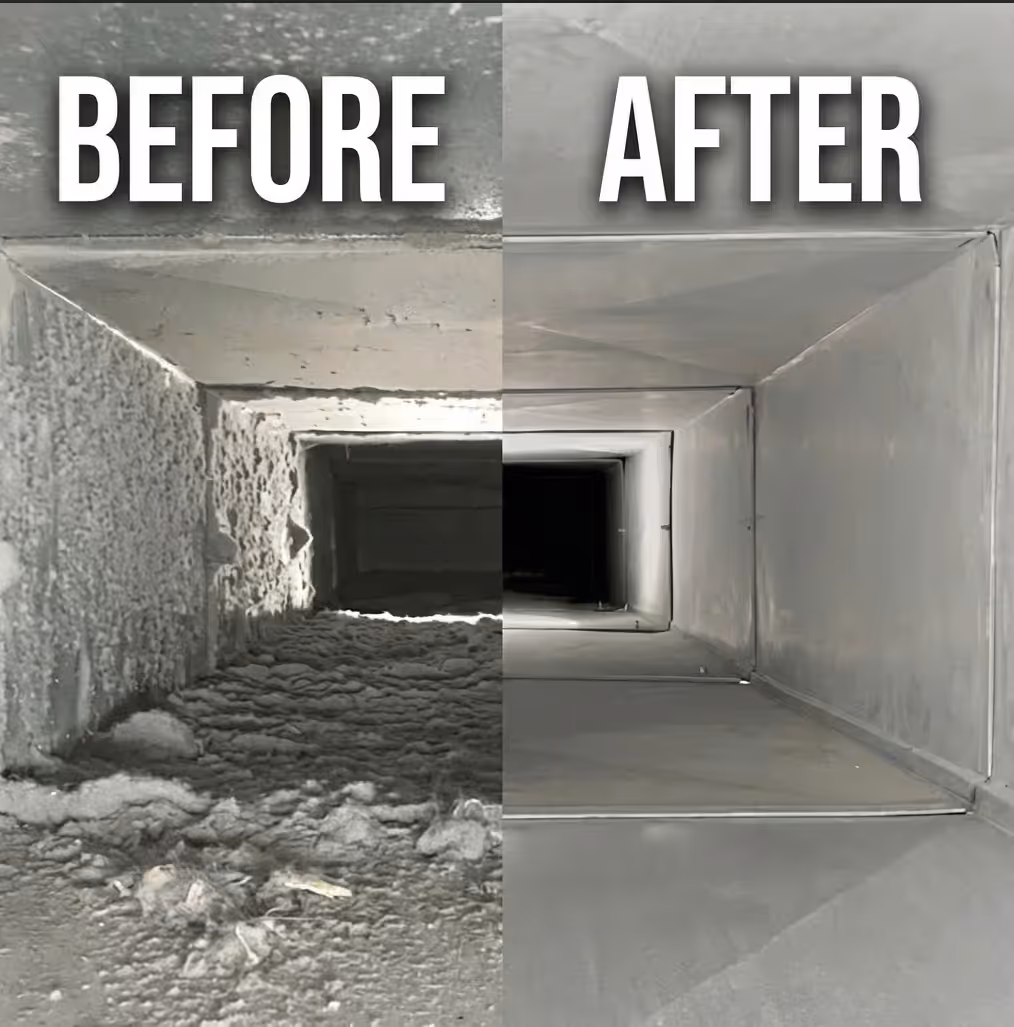 Comparación de un ducto de aire antes y después de la limpieza: polvo y residuos a la izquierda y una superficie limpia a la derecha.