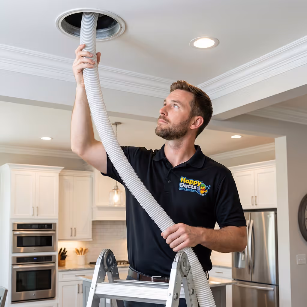 Técnico en una escalera instalando o inspeccionando una manguera de ducto flexible en una rejilla del techo dentro de una cocina moderna.