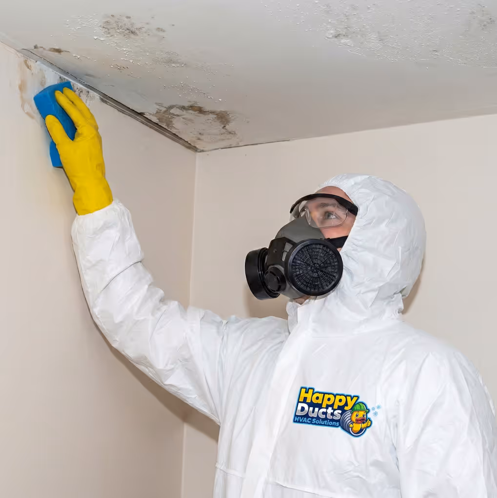 Persona con traje protector, mascarilla y guantes amarillos limpiando moho de una esquina del techo con una esponja azul.