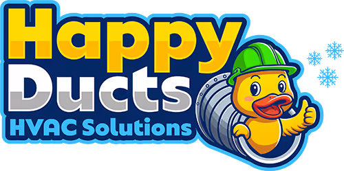 Logo de Happy Ducts HVAC Solutions con un pato sonriente con casco verde, haciendo pulgar arriba junto a un ducto.